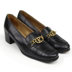 VTG Roberta di Camerino Black Leather Bit Chain Moc Toe Loafer Block Heels 7.5